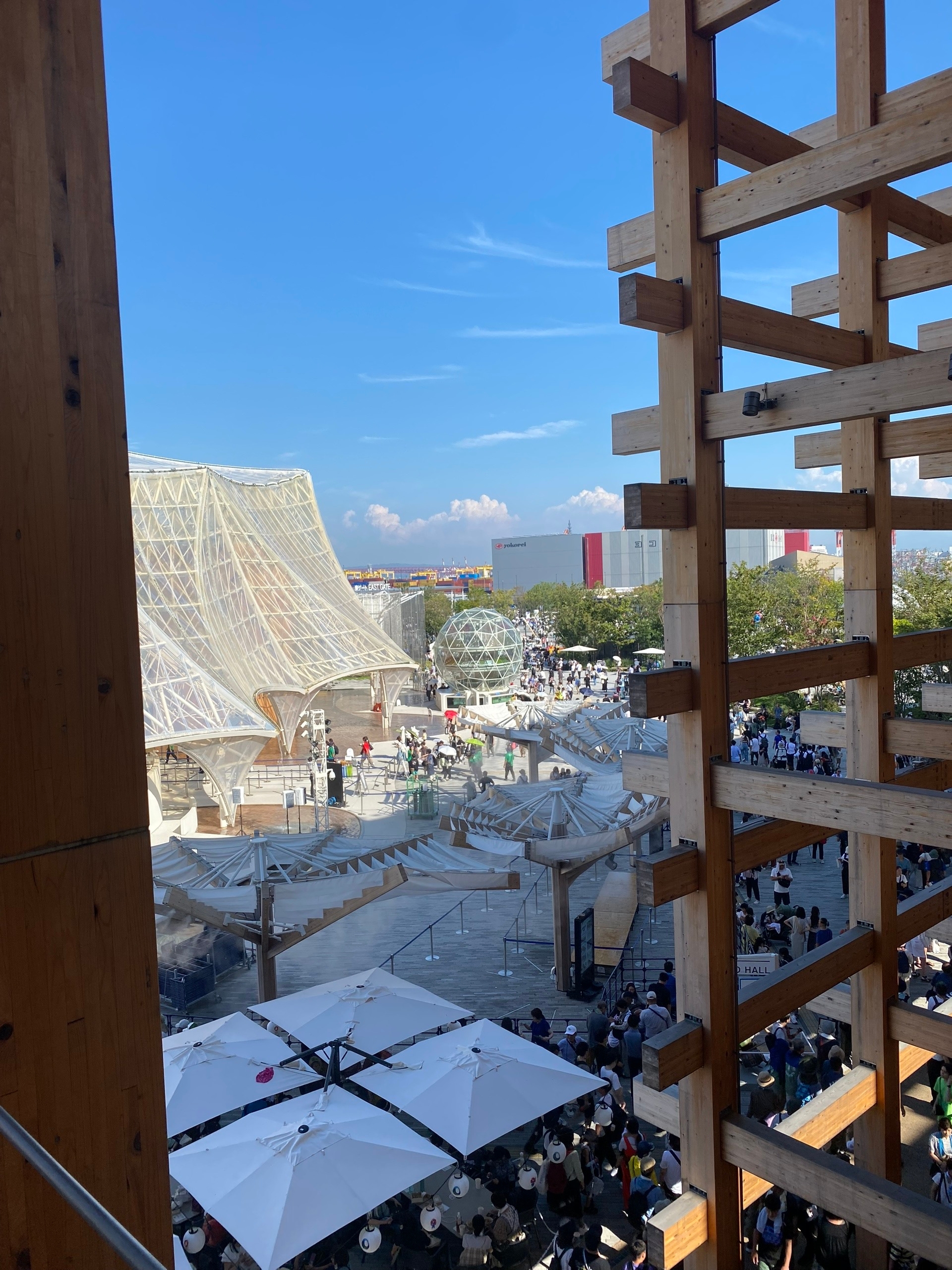 Выставка на насыпном острове специально построенном под неё, по периметру - кольцо вот на таких лесах